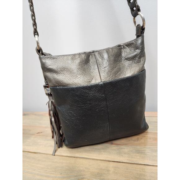 Brighton 2 tone Black & Bronze Crossbody Purse Tassel - Picture 4 of 11